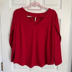 Halara Red V-Neck Long Tulip Split Sleeve Blouse Top Womens XL Solid Relaxed Fit
